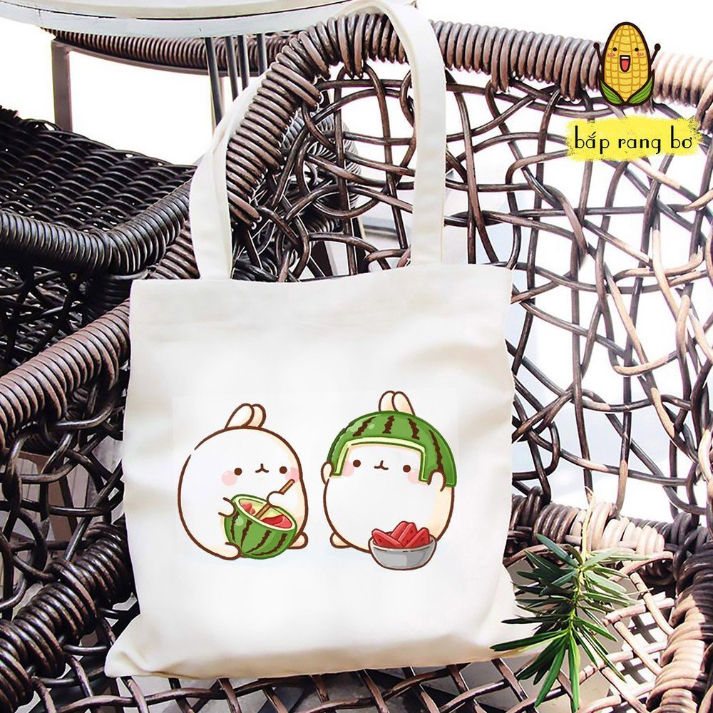 Molang Kawaii Rabbit Watermelon Canvas White Tote Bag
